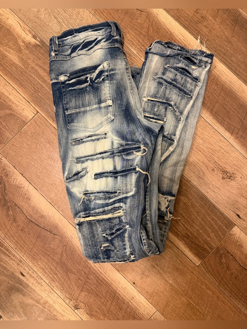 Taker brand heavy-distressed and stacked men's jeans